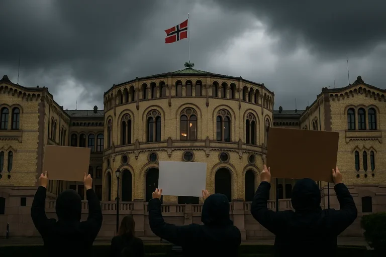 AI-generert bilde som viser Stortinget i Oslo under mørke skyer og regn, med det norske flagget vaiende foran bygningen. Illustrasjonen symboliserer politisk uro og svekket tillit i samfunnet.