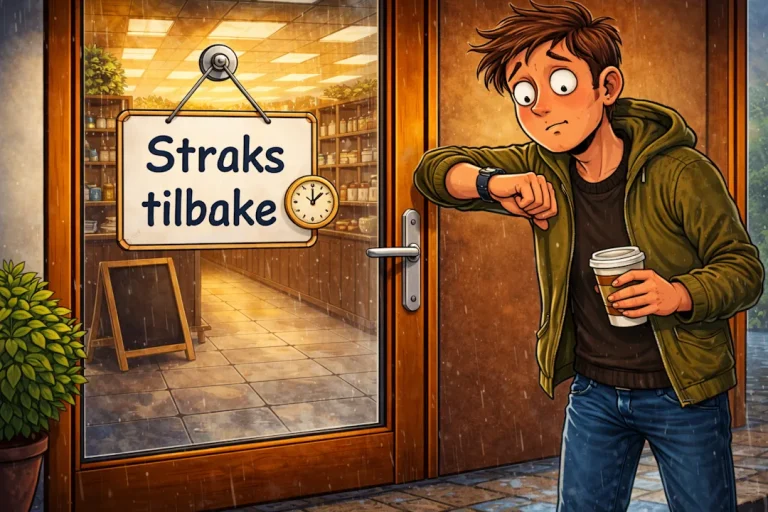 Illustrasjon av en mann som står ute i regnet utenfor en butikkdør og ser på klokken sin mens han venter. På døren henger et skilt med teksten «Straks tilbake». Inne i butikken er det varmt lys og hyller med varer, mens mannen holder en kaffekopp og ser utålmodig ut.