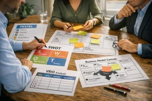 Team i møte rundt bord som fyller ut strategimodeller som SWOT, PESTEL, VRIO og Business Model Canvas med post-it-lapper og notater
