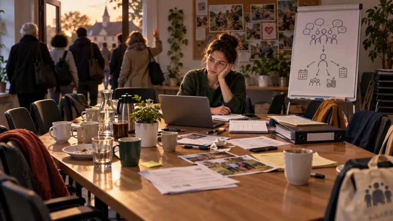 Kvinne sitter alene igjen ved et møtebord fullt av kaffekopper, papirer og laptop, mens de andre deltakerne går ut i bakgrunnen. På et stativ står en enkel tegning av oppgavefordeling, som understreker temaet ansvar og frivillig arbeid.