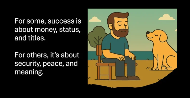 Illustrasjon av en mann som sitter på en benk ved sjøen sammen med en hund, begge ser rolige og tilfredse ut. Til venstre står teksten: 'For some, success is about money, status, and titles. For others, it’s about security, peace, and meaning.