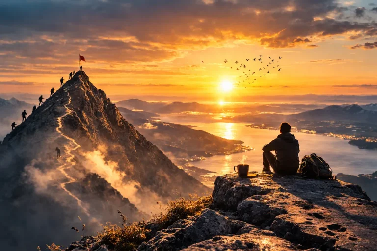 Person sitter på en fjelltopp og ser utover et landskap ved soloppgang, mens andre klatrer mot toppen i bakgrunnen – et visuelt bilde på refleksjon rundt suksess, prestasjon og livets kappløp.