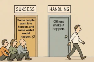 Illustrasjon av to dører med skiltene «SUKSESS» og «HANDLING». Foran døren merket «SUKSESS» sitter tre personer og venter. På døren står teksten «Some people want it to happen, and some wish it would happen.» Ved siden av er døren merket «HANDLING», hvor en mann går bestemt mot døren. På denne døren står teksten «Others make it happen.