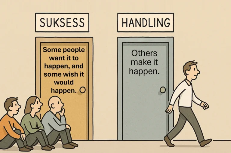Illustrasjon av to dører med skiltene «SUKSESS» og «HANDLING». Foran døren merket «SUKSESS» sitter tre personer og venter. På døren står teksten «Some people want it to happen, and some wish it would happen.» Ved siden av er døren merket «HANDLING», hvor en mann går bestemt mot døren. På denne døren står teksten «Others make it happen.