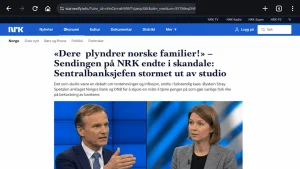 Skjermbilde fra mobil av en falsk investeringsartikkel forkledd som en NRK-nettside. Øverst vises en nettadresse som ikke tilhører NRK, mens siden bruker NRKs design, logo og oppsett for å fremstå troverdig. Artikkelen inneholder overskrifter om økonomi, bilder av kjente personer og tekst som promoterer et investeringssystem med lovnader om rask gevinst.