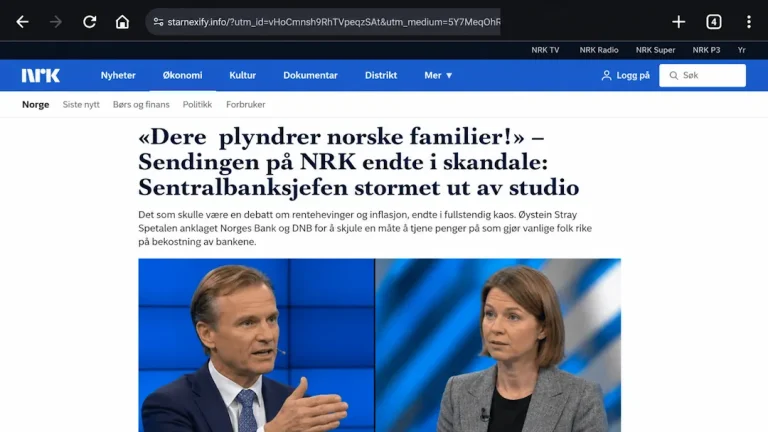 Skjermbilde fra mobil av en falsk investeringsartikkel forkledd som en NRK-nettside. Øverst vises en nettadresse som ikke tilhører NRK, mens siden bruker NRKs design, logo og oppsett for å fremstå troverdig. Artikkelen inneholder overskrifter om økonomi, bilder av kjente personer og tekst som promoterer et investeringssystem med lovnader om rask gevinst.