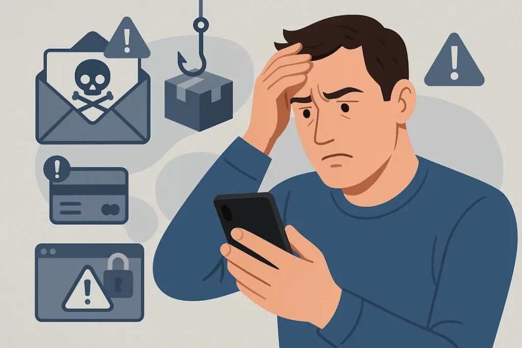 En person sitter og ser bekymret på mobilen sin, mens ulike ikoner som symboliserer svindel trer frem rundt vedkommende, blant annet et phishing-kroken, et brev med hodeskalle, et advarselsikon, et kortikon og et låst nettleservindu. Illustrasjonen viser usikkerhet og risiko knyttet til digitale svindelforsøk.