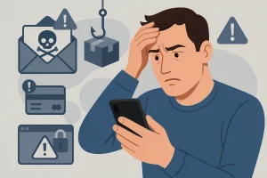 En person sitter og ser bekymret på mobilen sin, mens ulike ikoner som symboliserer svindel trer frem rundt vedkommende, blant annet et phishing-kroken, et brev med hodeskalle, et advarselsikon, et kortikon og et låst nettleservindu. Illustrasjonen viser usikkerhet og risiko knyttet til digitale svindelforsøk.