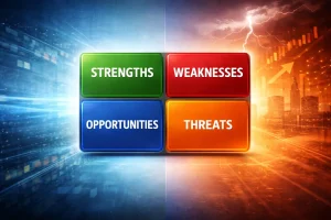 Illustrasjon av en SWOT-analyse som fire fargede felt: styrker, svakheter, muligheter og trusler, plassert i sentrum mellom rolige og mer kaotiske omgivelser.