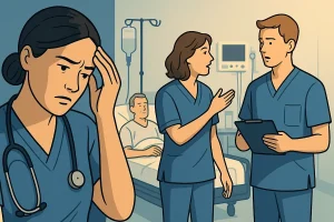 En illustrasjon av et sykehusmiljø. I forgrunnen står en kvinnelig sykepleier med hånden mot hodet og et bekymret uttrykk. I bakgrunnen diskuterer to andre helsearbeidere mens en pasient ligger i sykesengen og følger med. Bildet formidler stress og ekstra belastning for de faste ansatte når vikarer skal læres opp.