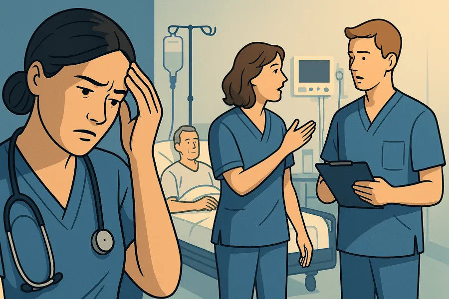 En illustrasjon av et sykehusmiljø. I forgrunnen står en kvinnelig sykepleier med hånden mot hodet og et bekymret uttrykk. I bakgrunnen diskuterer to andre helsearbeidere mens en pasient ligger i sykesengen og følger med. Bildet formidler stress og ekstra belastning for de faste ansatte når vikarer skal læres opp.