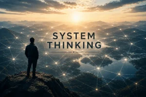 Illustrasjon av en person som står på en fjelltopp og ser utover et stort landskap ved soloppgang. Over dalene og innsjøene ligger et nettverk av sammenkoblede punkter og linjer som symboliserer systemtenkning, mønstre og sammenhenger. Midt i bildet står teksten «SYSTEM THINKING».