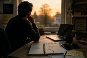 Person som reflekterer over pris og arbeid ved skrivebord med notater om tid, kompetanse og verdi, som illustrerer utfordringen med å ta betalt for tjenester.