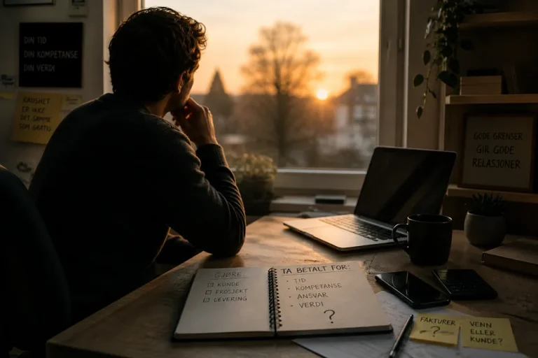 Person som reflekterer over pris og arbeid ved skrivebord med notater om tid, kompetanse og verdi, som illustrerer utfordringen med å ta betalt for tjenester.