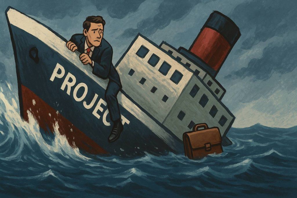 Illustrasjon av en mann i dress som klamrer seg til baugen på et synkende skip merket "PROJECT", omgitt av høye bølger og dramatisk himmel – et visuelt bilde på hvordan bedrifter holder fast ved tapsprosjekter til tross for åpenbare faresignaler.