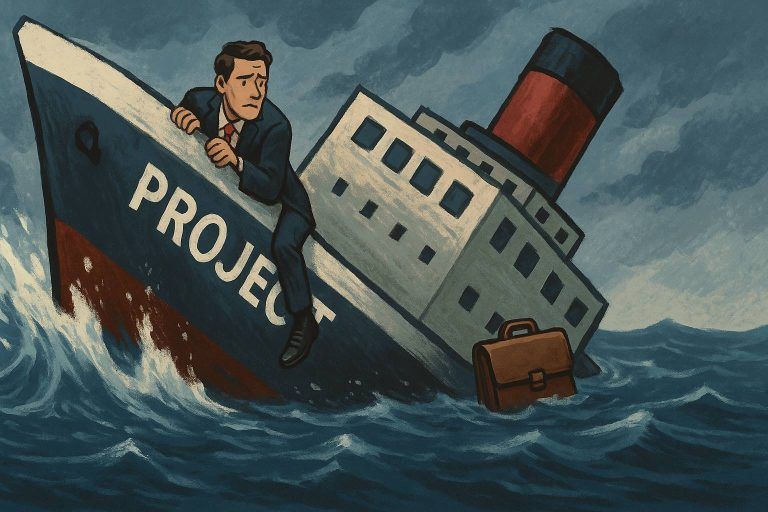 Illustrasjon av en mann i dress som klamrer seg til baugen på et synkende skip merket "PROJECT", omgitt av høye bølger og dramatisk himmel – et visuelt bilde på hvordan bedrifter holder fast ved tapsprosjekter til tross for åpenbare faresignaler.