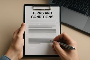 To hender holder et clipboard med et dokument med overskriften “Terms and Conditions” foran en bærbar datamaskin, mens en penn peker mot teksten.
