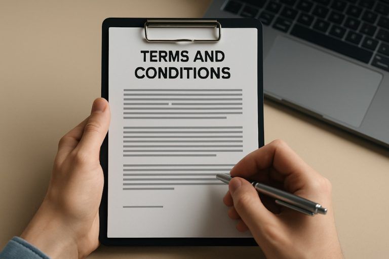 To hender holder et clipboard med et dokument med overskriften “Terms and Conditions” foran en bærbar datamaskin, mens en penn peker mot teksten.