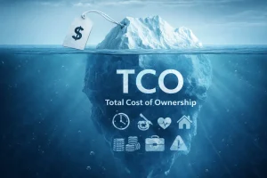 Isfjellillustrasjon som viser hvordan kjøpesummen bare er toppen av isfjellet, mens Total Cost of Ownership (TCO) består av skjulte kostnader under overflaten.
