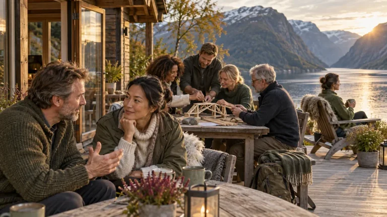 Kolleger på teambuildingtur ved en norsk fjord. Noen samarbeider om en oppgave, to har en samtale, og én tar en rolig pause alene.