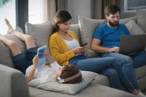 Familie på tre sitter i en sofa i en lys stue, hver opptatt med sin egen skjerm, barnet med nettbrett og hodetelefoner, en voksen med mobil og en annen med bærbar PC, uten å se på hverandre.