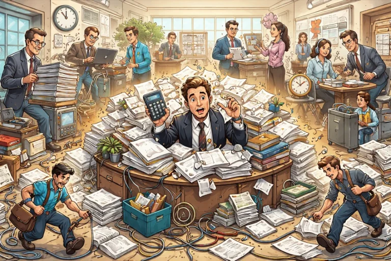 Karikatur av hektisk kontormiljø med papirbunker, møter og administrasjon som illustrerer indirekte kostnader og overhead i en virksomhet.