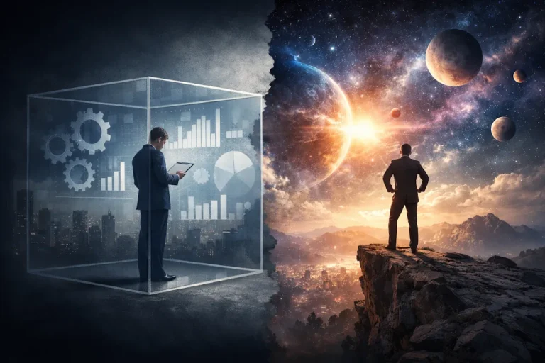 Conceptual illustration showing the contrast between limited and expansive thinking, with a person confined inside a glass box of data and charts on one side, and the same person standing freely on a cliff facing a vast, open universe on the other.