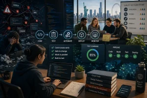 Illustrasjon av moderne programvareutvikling hvor testing, samarbeid og kvalitetssikring står sentralt. Bildet viser utviklere som arbeider med kode, automatisert testing og stabile systemer, med kontrast mellom kaotiske feilscenarier og strukturert samarbeid i moderne utviklingsteam.