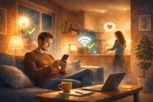 Illustrasjon av en person som sitter ved en laptop, omgitt av en rød skygge med tommel ned på den ene siden og en blå skygge med tommel opp på den andre, som symboliserer hvordan kritikk ofte oppleves sterkere enn ros.