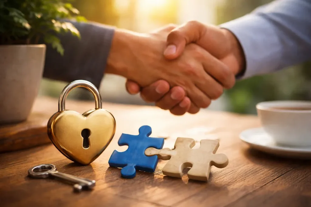 To personer håndhilser over et bord i varmt lys, med en hjertelås, nøkkel og to puslespillbrikker i forgrunnen, som symboliserer tillit, samarbeid og gjensidig forståelse.