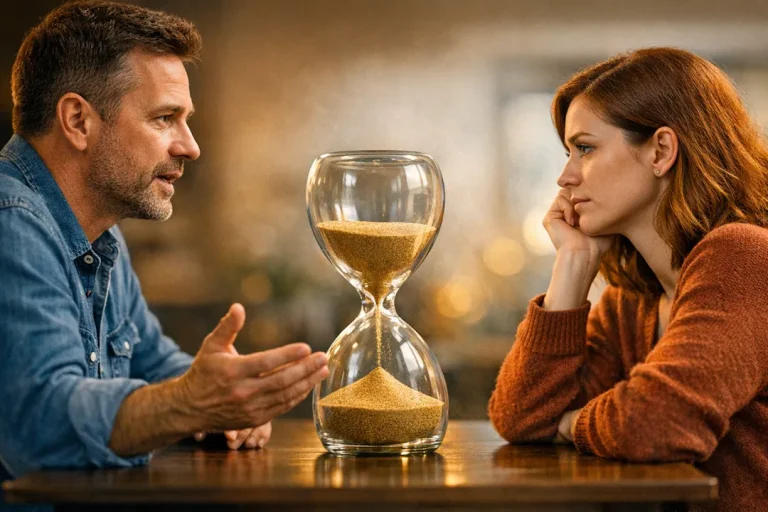To personer sitter overfor hverandre ved et bord i samtale, med et timeglass plassert mellom dem som symbol på taletid, balanse og det å bli hørt.