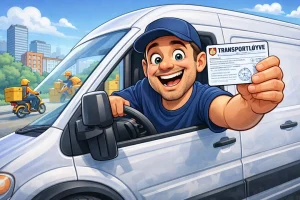 Illustrasjon av budbilsjåfør i varebil som viser transportløyve, som symboliserer nye krav om transportløyve for varebiler i godstransport.