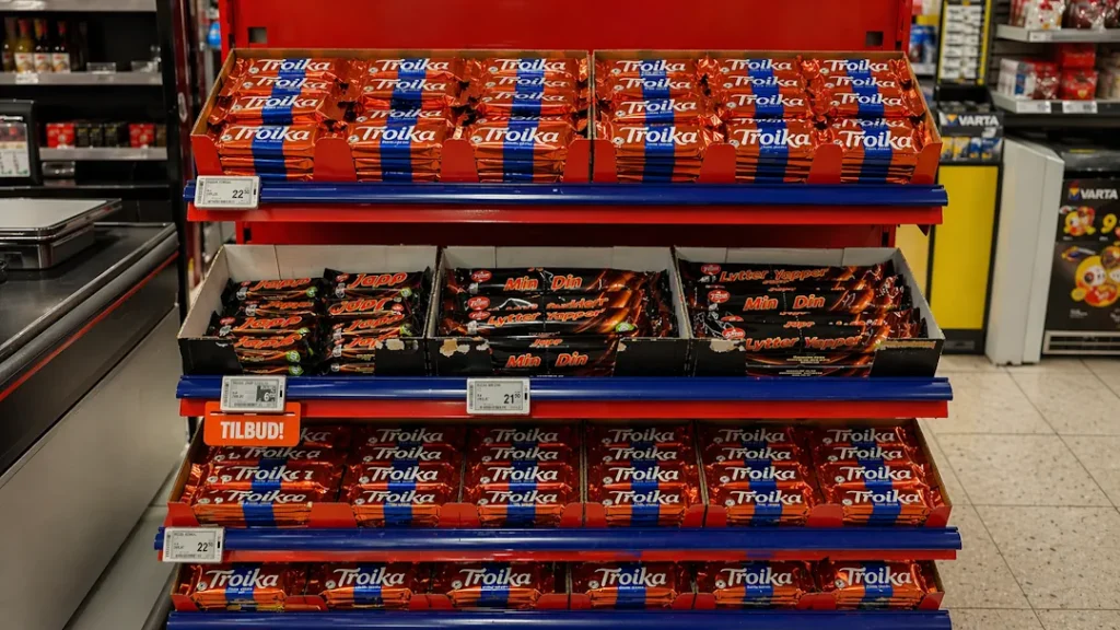 Sjokoladehylle ved kassa fylt med Troika-sjokolade i flere rader, med et tydelig «Tilbud»-skilt som gir inntrykk av at hele utvalget er på salg.