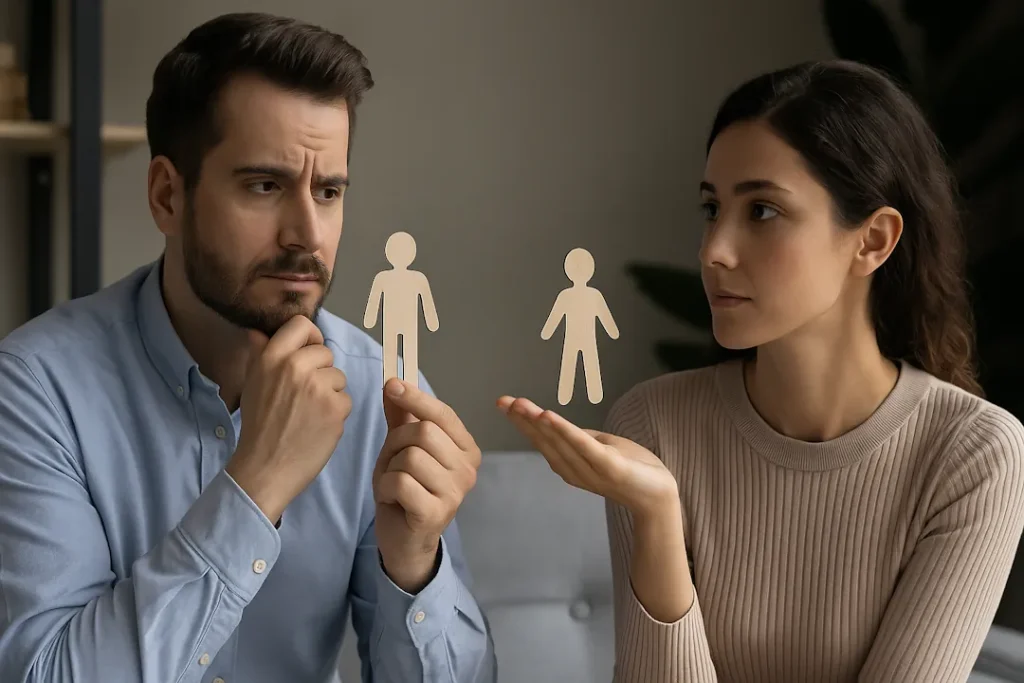 Et par sitter overfor hverandre og holder hver sin figur av en person. Bildet illustrerer hvordan mennesker kan tolke den samme situasjonen forskjellig, og symboliserer kommunikasjon, relasjoner og misforståelser.