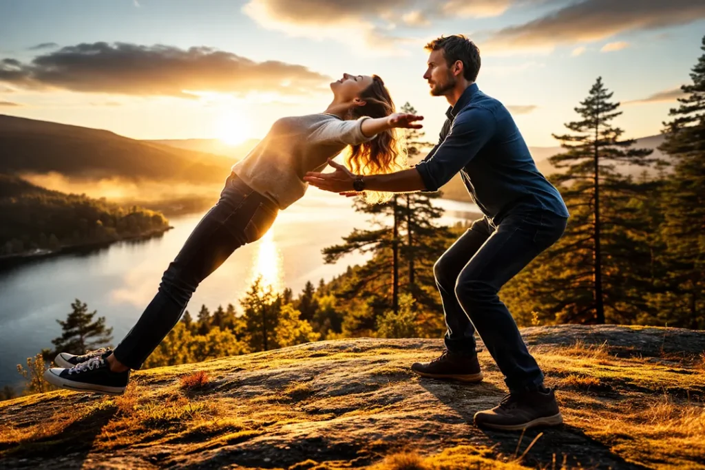 AI-generert bilde av en kvinne som står på en fjellknaus ved solnedgang og lener seg bakover med lukkede øyne og armene åpne i en klassisk «trust fall». En mann står bak henne i samme retning, med bøyde knær og armene klare til å ta imot. De er opplyst av varmt, gyllent kveldslys. I bakgrunnen ser vi en fjord, skogkledde åser og dramatiske skyer som reflekteres i vannet, noe som gir bildet en stemningsfull og symbolsk følelse av tillit, balanse og sårbarhet.