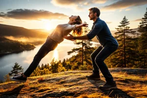 En kvinne faller bakover med åpne armer på en fjelltopp ved solnedgang, mens en mann står bak og tar imot henne – et visuelt uttrykk for tillit mellom mennesker.