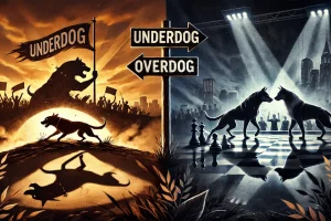 To hunder står ansikt til ansikt i dramatisk lys, en større schæferhund og en mindre terrier, begge med åpne munner og tydelig spenning mellom seg.