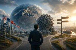 Person står ved et veikryss mellom komplekse systemer, globale samarbeid og ulike veivalg, illustrert med verdensklode, internasjonale flagg, byråkrati og moderne infrastruktur som symbol på hvordan mange hensyn påvirker beslutninger i politikk og arbeidsliv.