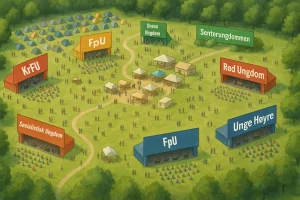 Et fugleperspektiv over et festivalområde omgitt av skog. På gressletten står flere scener, hver merket med navn på ungdomspartier: KrFU, Sosialistisk Ungdom, FpU (to scener), Unge Høyre, Rød Ungdom, Grønn Ungdom og Senterungdommen. Foran scenene sitter og står grupper av ungdommer. I midten av området finnes en samling matboder og samlingsplasser med takoverbygg. Øverst til venstre er det en teltcamp med mange små fargerike telt. Mange mennesker beveger seg mellom scenene, bodene og campen, noe som gir tydelig festivalstemning.