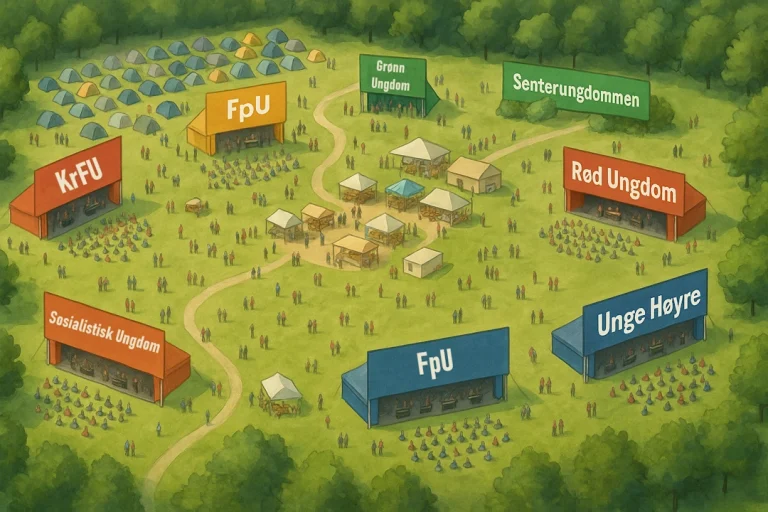 Et fugleperspektiv over et festivalområde omgitt av skog. På gressletten står flere scener, hver merket med navn på ungdomspartier: KrFU, Sosialistisk Ungdom, FpU (to scener), Unge Høyre, Rød Ungdom, Grønn Ungdom og Senterungdommen. Foran scenene sitter og står grupper av ungdommer. I midten av området finnes en samling matboder og samlingsplasser med takoverbygg. Øverst til venstre er det en teltcamp med mange små fargerike telt. Mange mennesker beveger seg mellom scenene, bodene og campen, noe som gir tydelig festivalstemning.