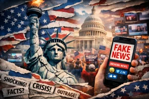 Digital illustrasjon av et splittet USA med fragmentert Frihetsgudinne, politiske symboler og sosiale medier, som illustrerer polarisering og påvirkning fra medielandskapet.