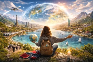 Illustrasjon av en person som sitter på en høyde og ser utover en verden uten grenser, hvor ulike byer, landskap og kjente landemerker smelter sammen under en sammenkoblet jordklode med lysende linjer som symboliserer global kommunikasjon og samarbeid.