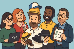 illustrasjon av et utviklingsteam der ulike roller som utvikler, designer, produkteier og DevOps prøver å bygge et puslespill sammen, men brikkene passer ikke helt. Tegneserieaktig stil