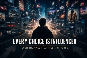 Person står ved et digitalt veikryss omgitt av algoritmestyrte anbefalinger, reklame og varsler, mens teksten «Every Choice Is Influenced» illustrerer hvordan teknologi og psykologi påvirker valgene våre.
