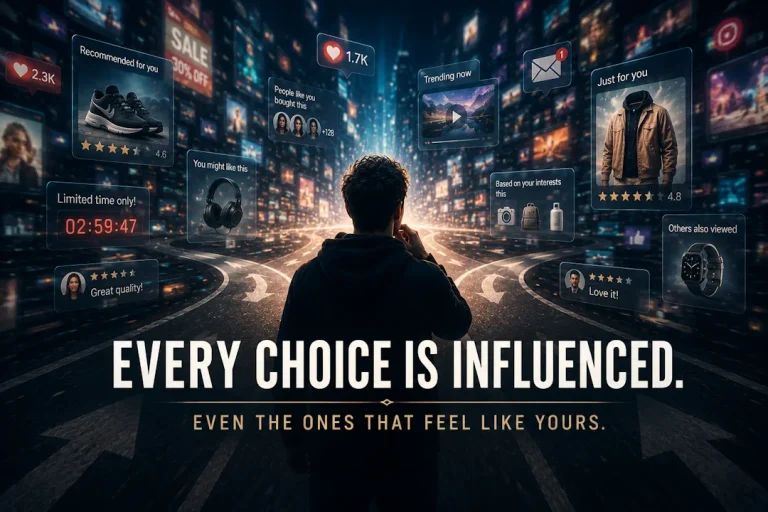 Person står ved et digitalt veikryss omgitt av algoritmestyrte anbefalinger, reklame og varsler, mens teksten «Every Choice Is Influenced» illustrerer hvordan teknologi og psykologi påvirker valgene våre.