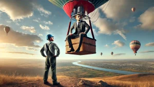 A man in a suit flying in a hot-air balloon, looking lost and confused, with a scenic view of the sky and landscape below. Below, an engineer on the ground / Foto: AI