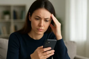 Et illustrasjonsbilde av en person som sitter alene med mobiltelefonen og ser tankefull ut, med et varmt, naturlig lys som symboliserer refleksjon og mellommenneskelig ettertanke. Bildet representerer temaet om å bygge og vedlikeholde relasjoner, og hvordan kontakt kan føles krevende selv i en digitalt tilkoblet verden.