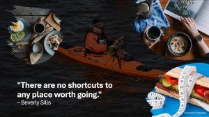 Collage showing healthy meals, kayaking, and weight management, symbolizing that there are no shortcuts to lasting health and well-being.
