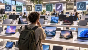 Kunde står i en PC-butikk omgitt av bærbare datamaskiner og prøver å velge mellom ulike modeller, funksjoner og spesifikasjoner.