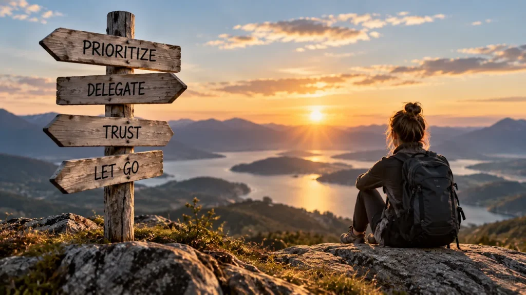Person med ryggsekk sitter på en fjelltopp ved solnedgang, ved siden av et treskilt med ordene «Prioritize», «Delegate», «Trust» og «Let go».